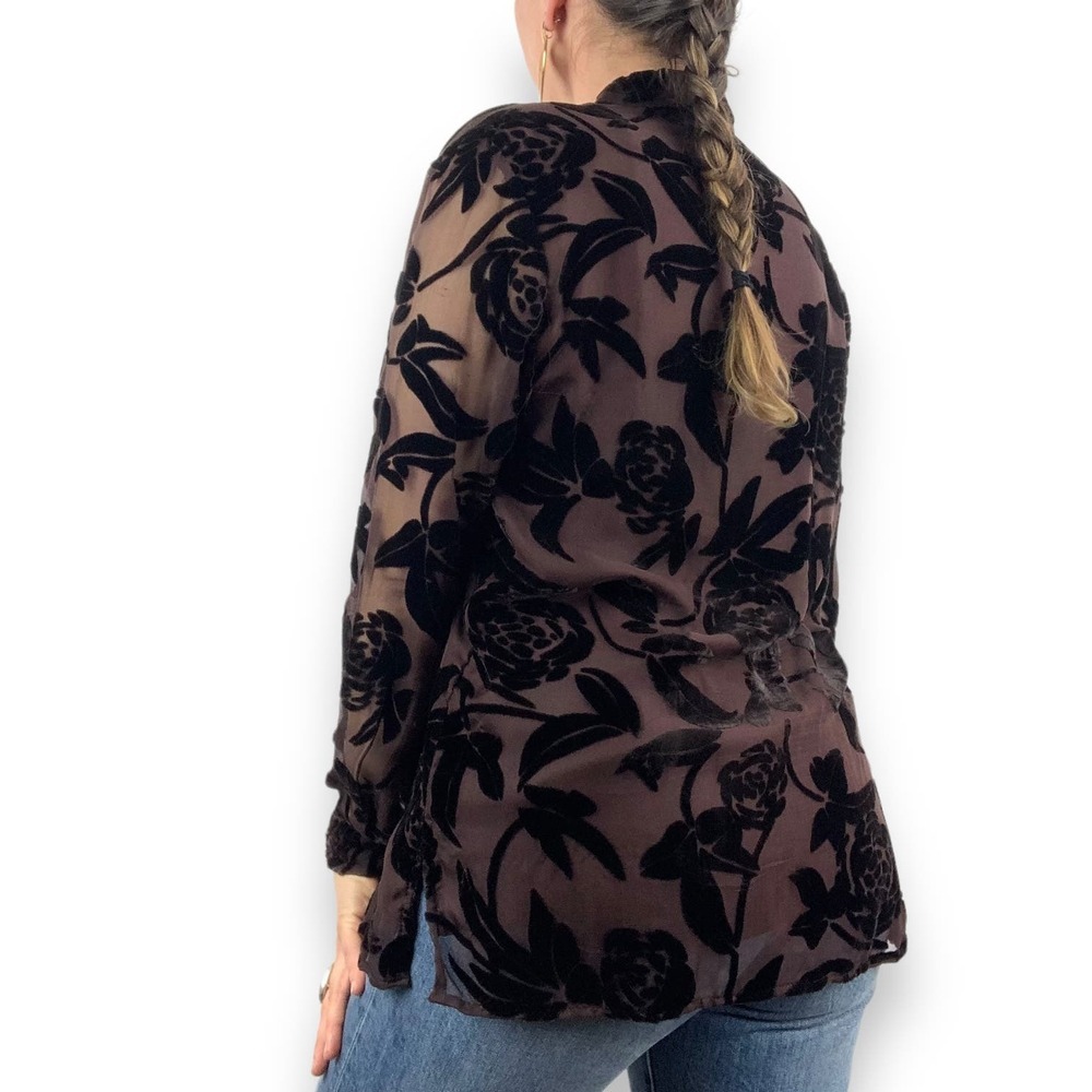 90's brown silk button down blouse with black velvet roses and sheer sleeves - Picture 9 of 16